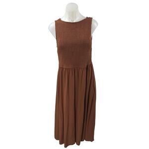 Japsa Women's Brown Smocked Sleeveless Pleated Fit & Flare Midi Dress Size XL